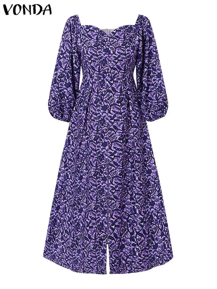 Plus rozmiar 5XL VONDA Off The Shoulder Maxi Dress Women Bohemian Puff Sleeve Floor-Length Printed Vestidos 2024 Casual Robe