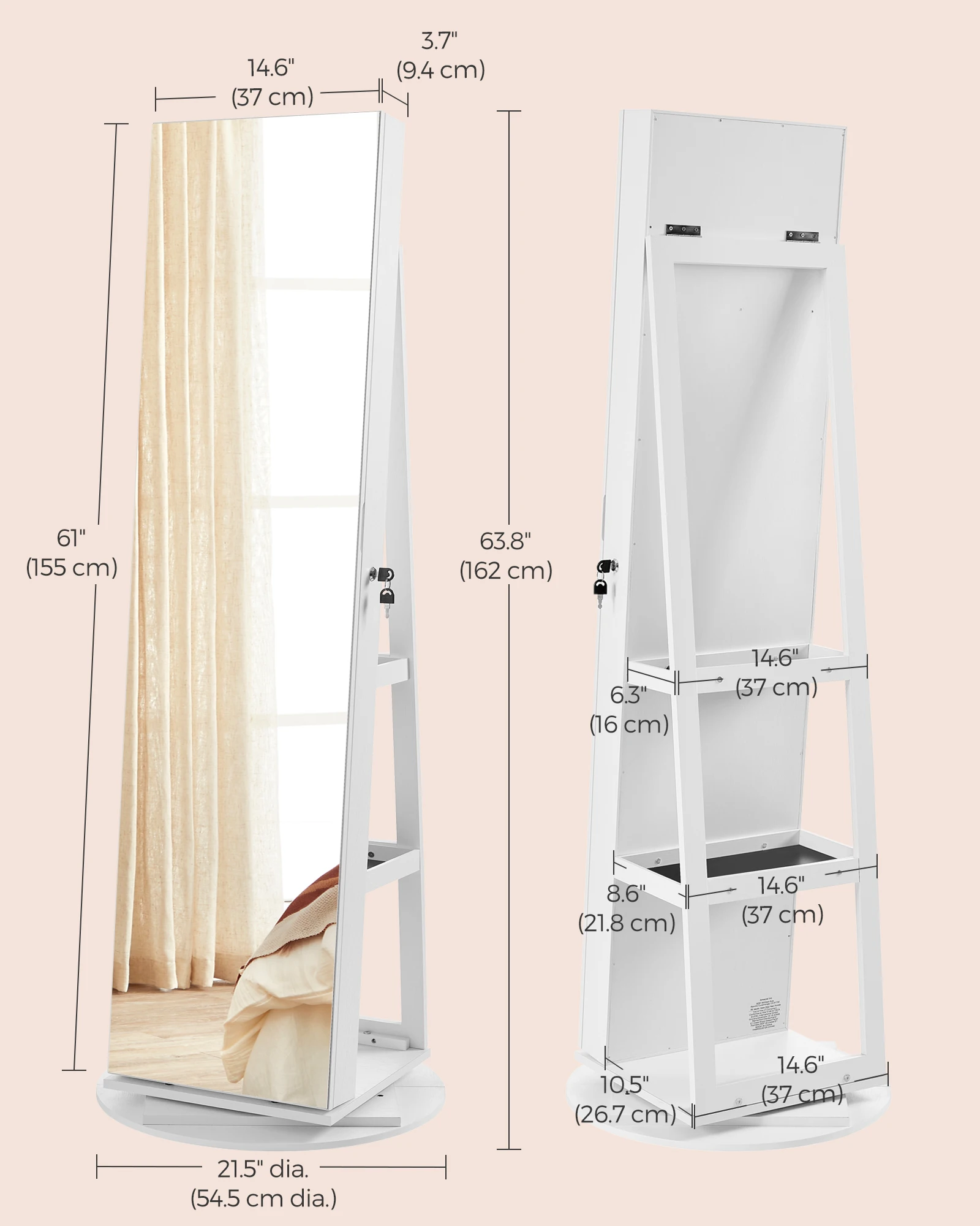 SONGMICS-خزانة مجوهرات بمرآة قابلة للقفل ، منظم ، خزانة ملابس قائمة ، مجوهرات دوارة ، 6 مصابيح ليد #6