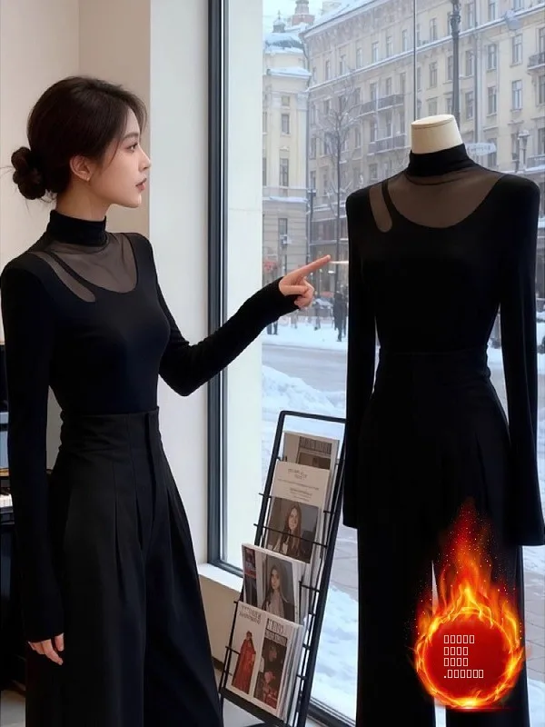 

Сексуальная прозрачная футболка больших размеров с полувысоким воротником и длинным рукавом, осенне-зимняя, из флиса, качественная базовая футболка-топ