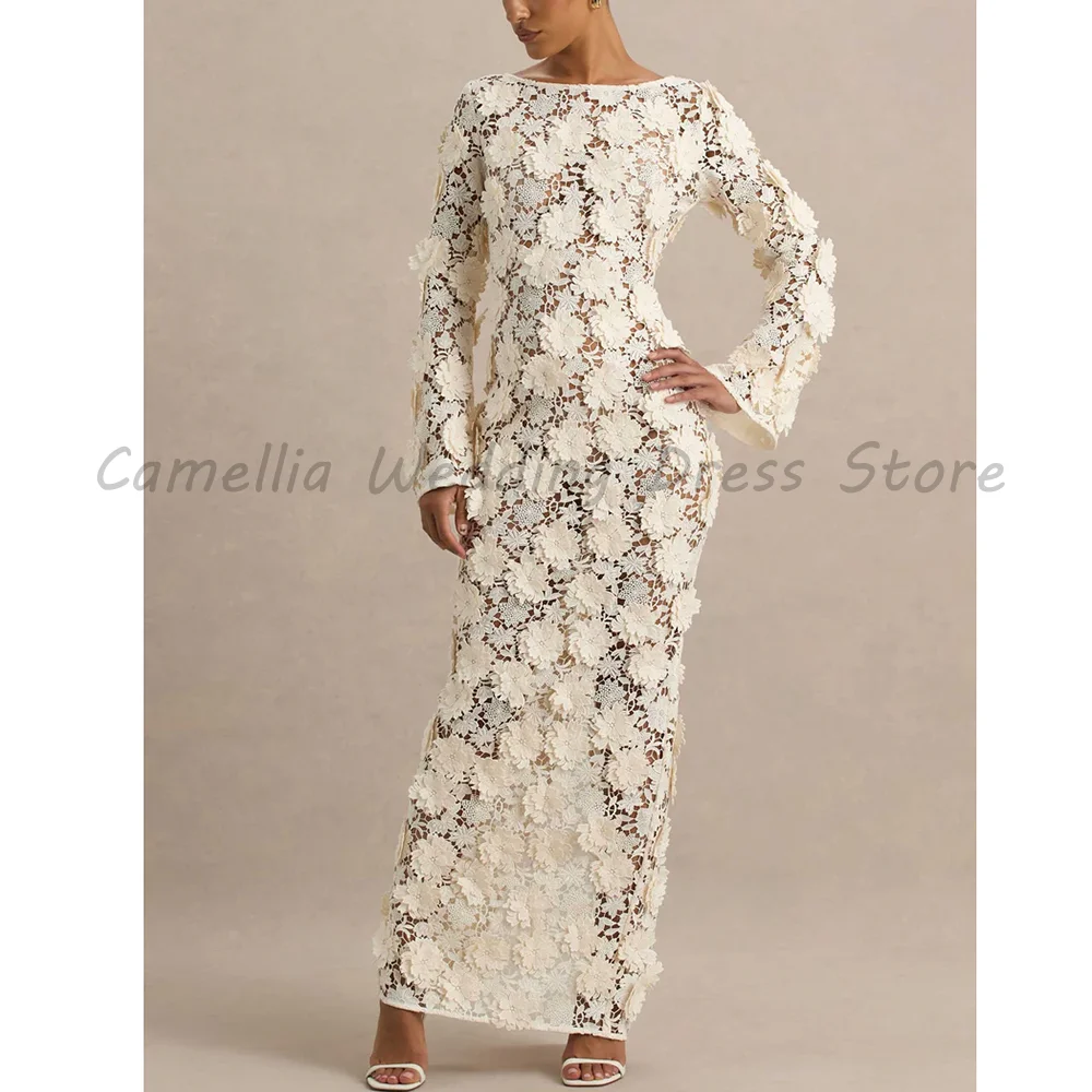 

Ivory Lace Floral Applique Long Sleeve Maxi Dress 2026 Sheer Mesh Bodycon Wedding Guest Evening Gown For Women