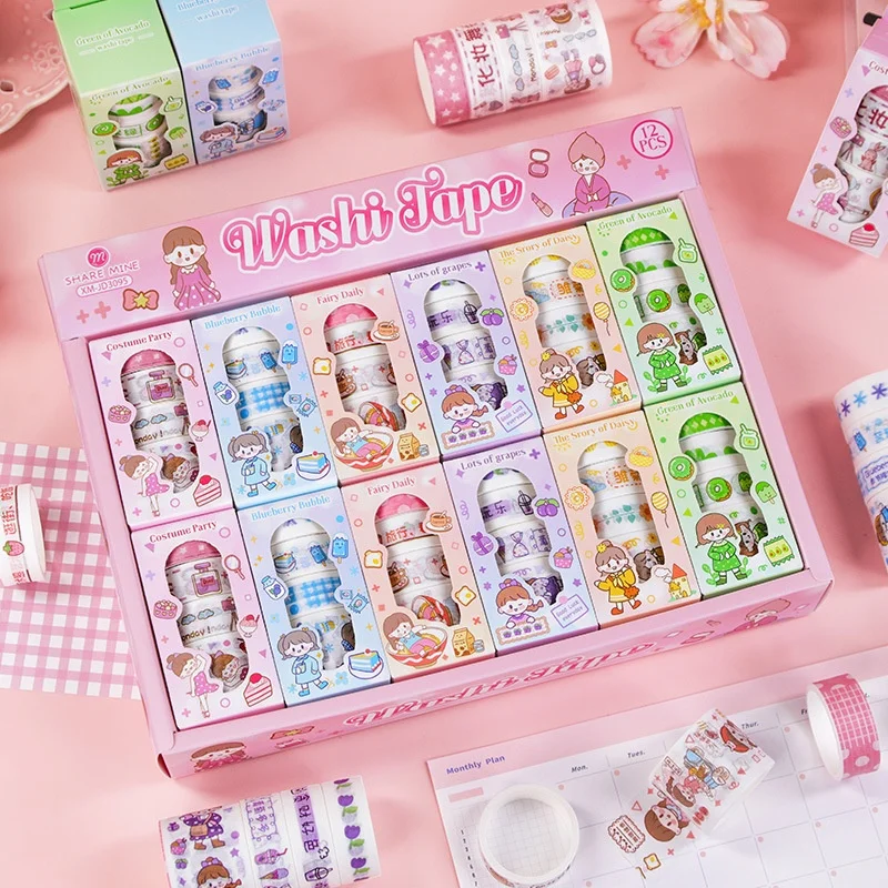 12-scatole-lotto-nastro-adesivo-kawaii-per-ragazze-creativo-per-scrapbooking-e-diario-nastro-decorativo-per-cancelleria-regalo