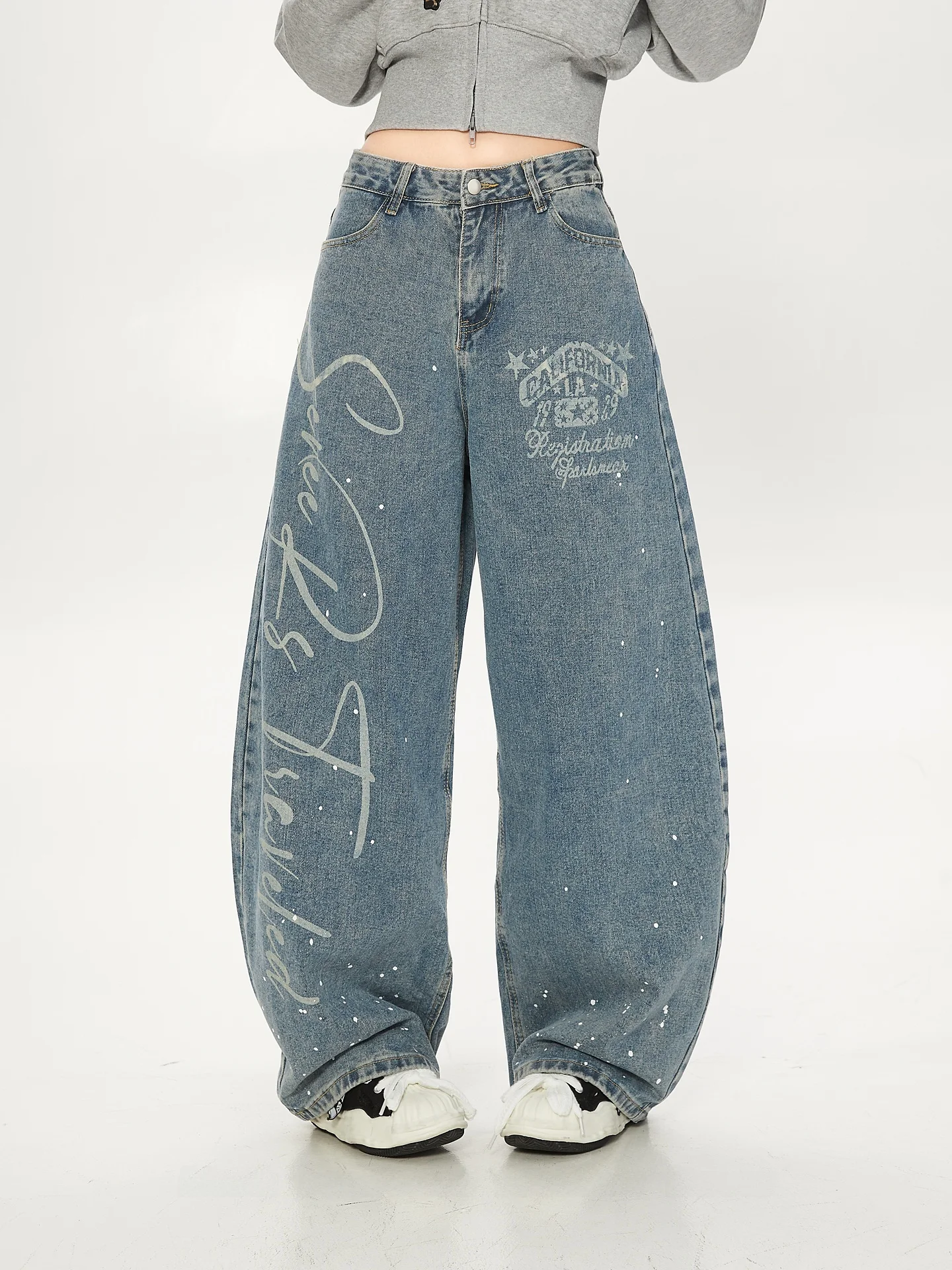 

Retro American Waed Letter Print Wide Leg Jeans High Waist Floor Length Loose Fit Women's Jeans Cotton Comfortable Casual