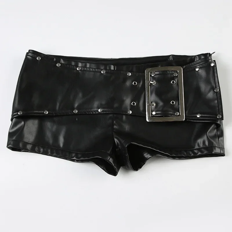 Sexy Rivet Buckle Belt Low Waist Leather Shorts for Women Y2k Spice Girl Punk Style Shorts Autumn New 2025