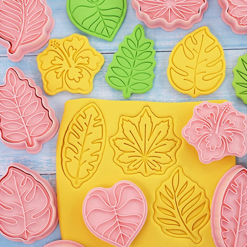 8pcs/set Tropical Leaf Cookie Cutters Plant Hawaiian Palm Leaf Biscuit Mold Cookie Stamps Baking Mold DIY Kitchen Baking Tools