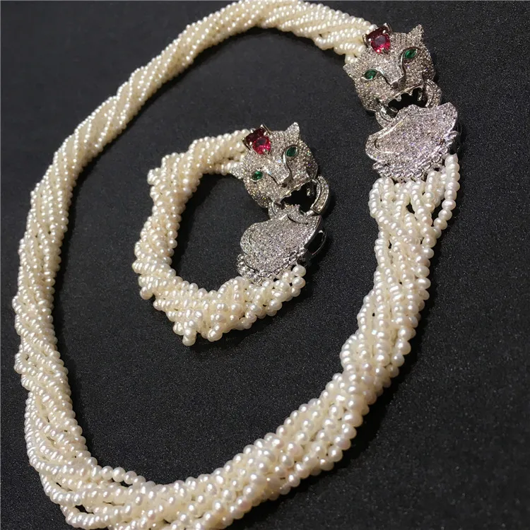 

Women's Leopard head clasp DIY accessory white freshwater pearl necklace bracelet set fashion jewelry