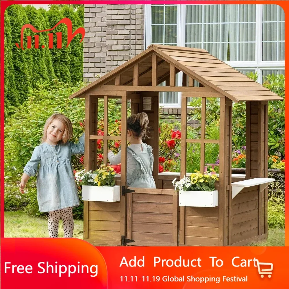 Kids Wooden Playhouse, Outdoor Garden Games Cottage, with Working Door, Windows, Flowers Pot Holder, 47