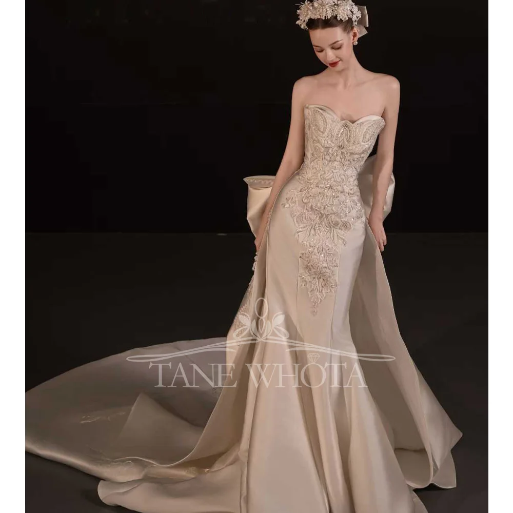 Vestido de novia de lujo, chaqueta desmontable personalizable con escote en forma de corazón, vestido de novia con lazo y vaina de cristal bordado, Trouwjurk