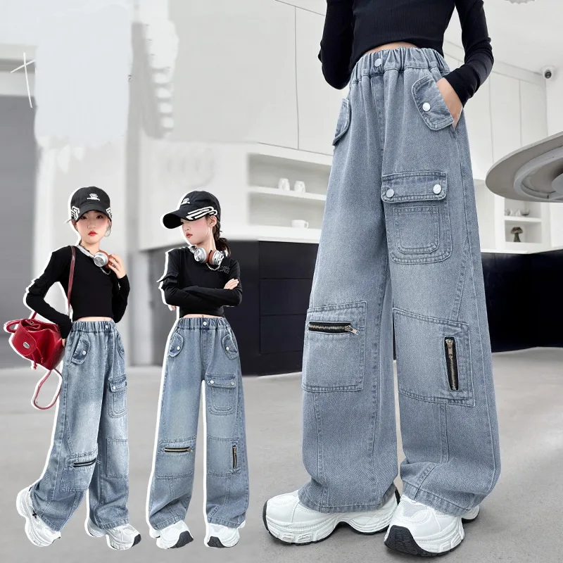 Kids Cargo Jeans With Pockets for Teenage Girls Korean Style Street Casual Denim Pants Child Vintage Jeans Trousers High Quality