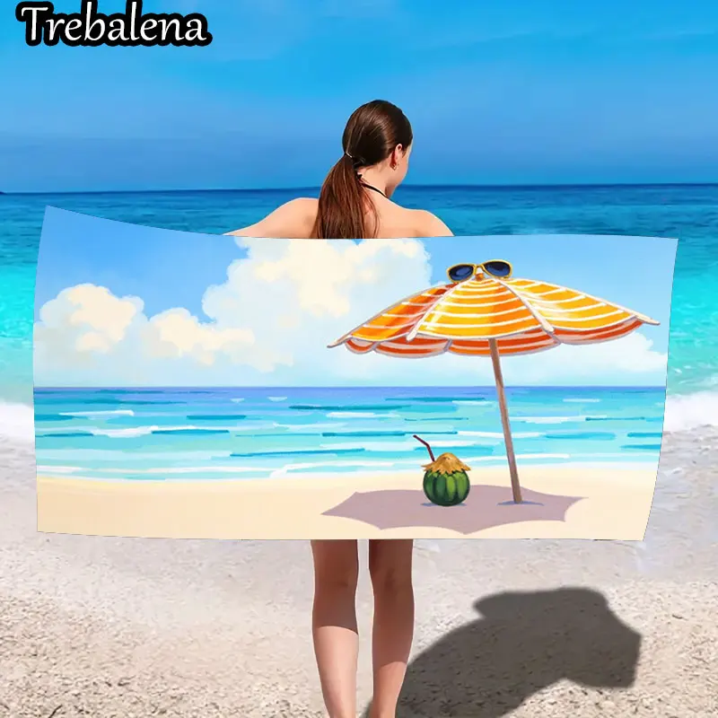 

30*60inch Ultra-Soft Beach Towel with Beach Towel with Tropical Umbrella and Ocean Scene