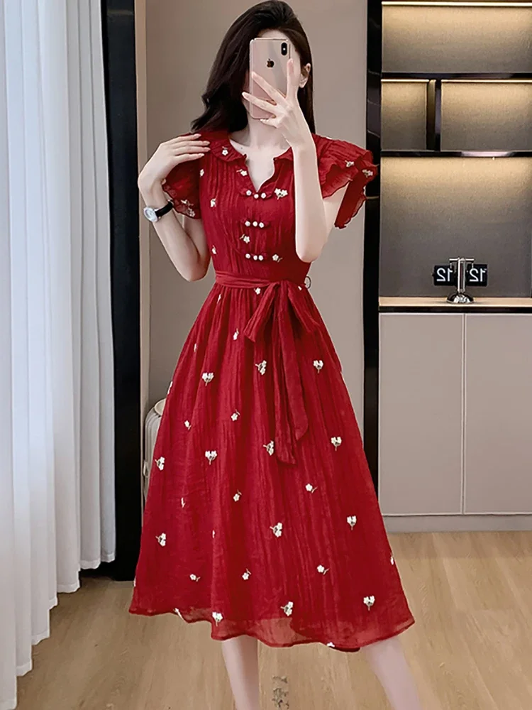 여성 우아한 플라잉 슬리브 캐주얼 드레스 2025 한국 빈티지 파티 드레스 여름 레드 자카드 플로럴 시크 보우 밴디지 롱 드레스