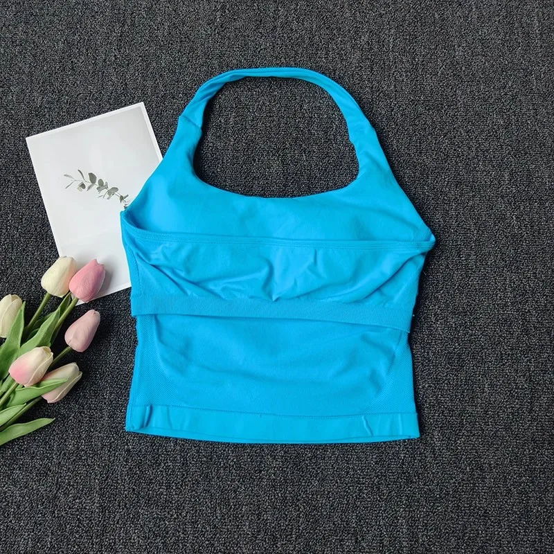 Canotta sportiva da donna senza cuciture con scollo all'americana, yoga, senza schienale, collo appeso, canotta fitness, top da corsa, reggiseno da palestra, allenamento, abbigliamento fitness