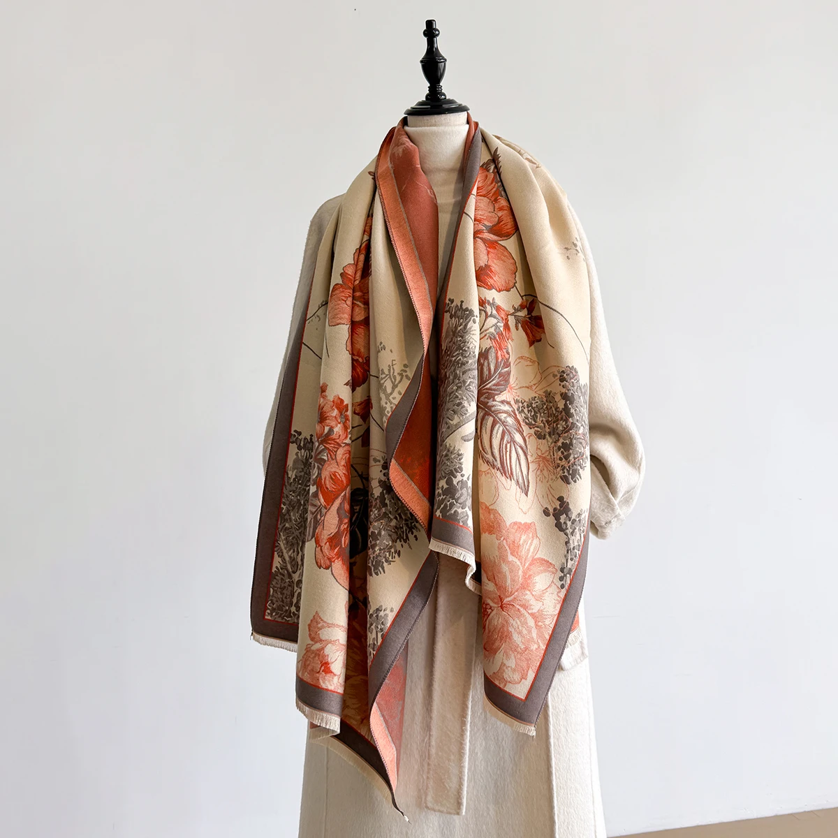 Brand Fashion Winter-Kaschmirschal für Damen – Pashmina-Schal mit Blumenmuster und Quasten, dicker, warmer Wickel- und Poncho – Detail 17