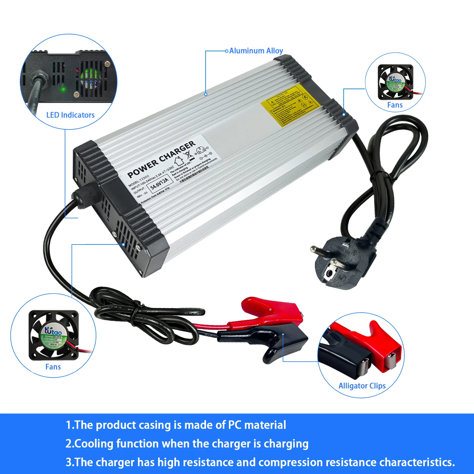 YZPOWER 54.6V 12A Lithium Battery Charger 48V 13S Fast Charging Charger Electric Bicycle Balance Car Power Tools Universal