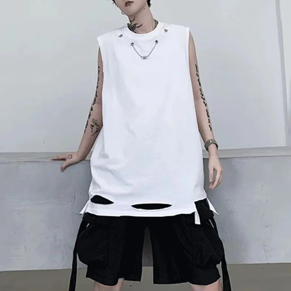 Mens Summer Ripped Metallic Dark Tank Top Streetwear Fashion Nightclub Niche Rock Sleeveless T Shirt Men'S Clothing 2026 New