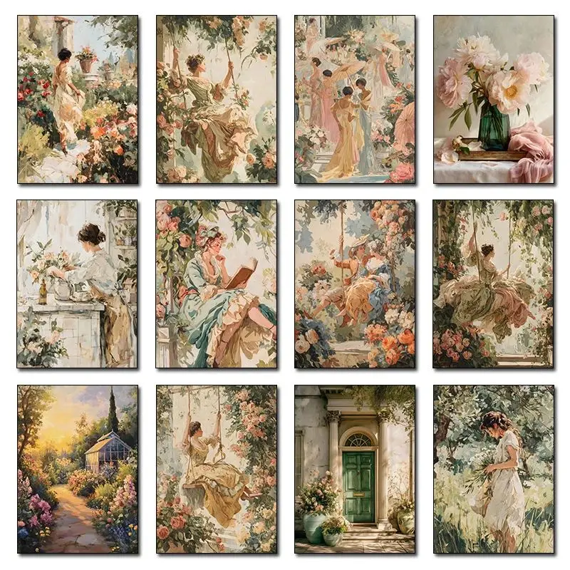 Póster romántico de jardín rococó para fiesta de mujer noble, Manor francés clásico, pinturas en lienzo, imágenes artísticas de pared, decoración del hogar