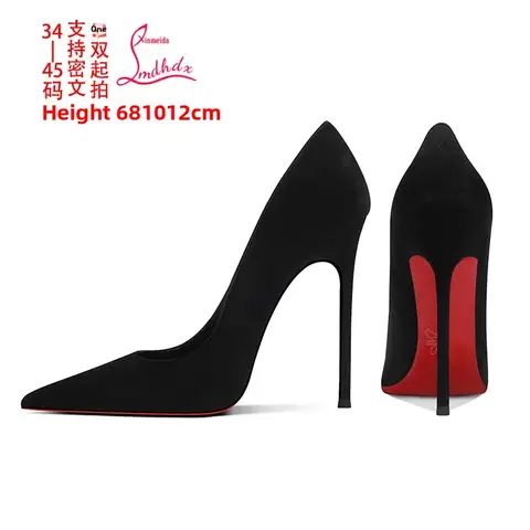 Black High Heels Ultra Thin Stiletto Pumps Red Sole Stage Hosting Summer Fashion Show Shoes Pointed Toe Velvet Business Women's