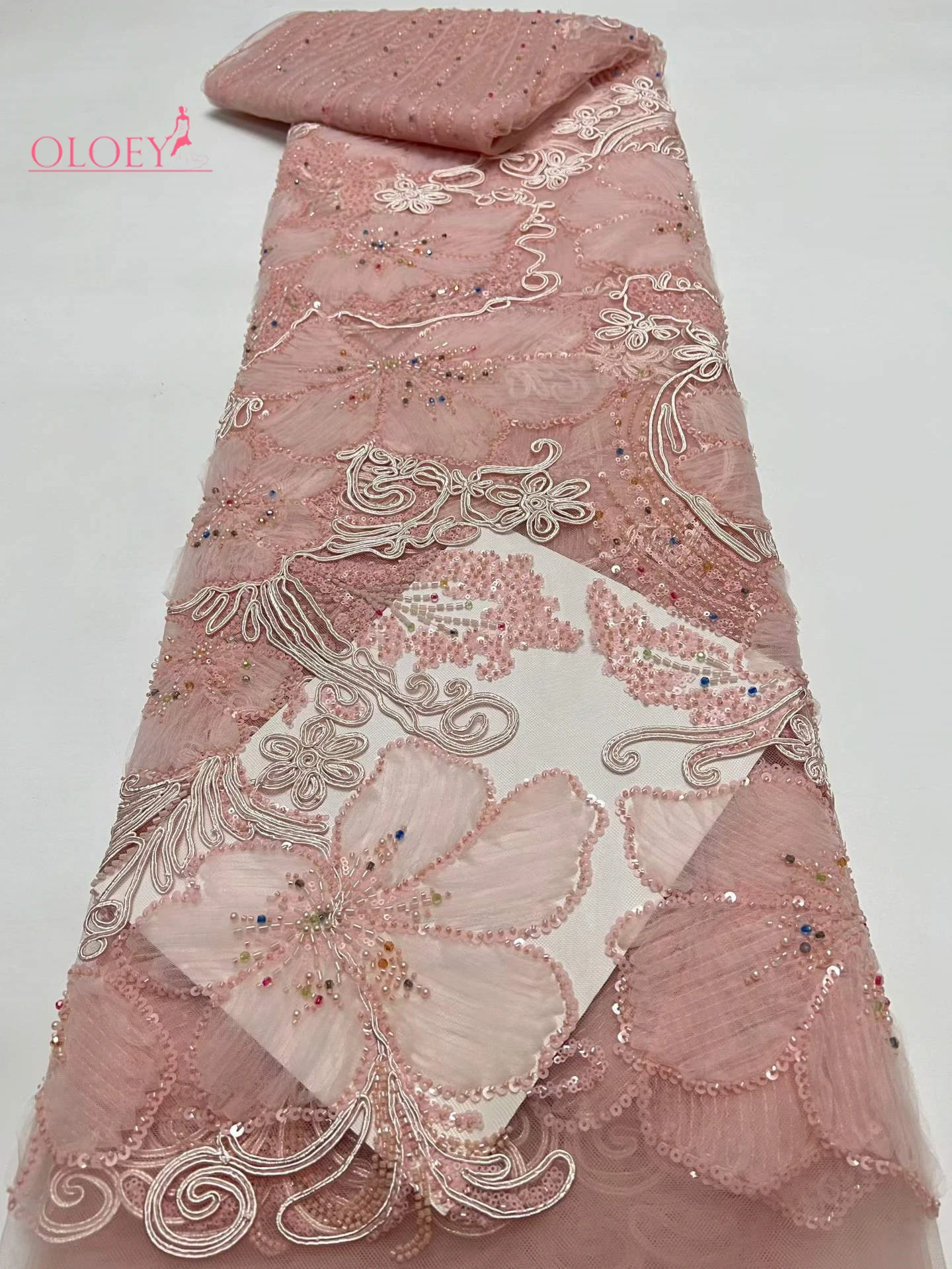 

OLOEY 5-Yard Luxury African Beaded Mesh Lace Fabric with Sequins French Tulle for Nigerian Wedding Party Dresses Embroidery