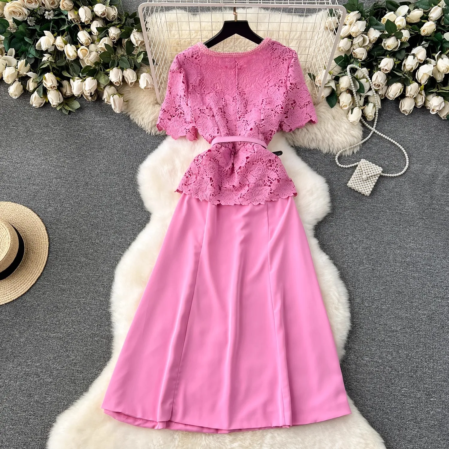 Pink Lace Patchwork Dress Women Elegant Square Collar Hollow Out Womens Clothing with Belt Holiday Party Dresses Summer