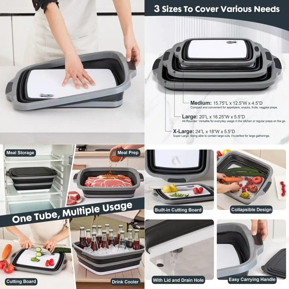 

Набор складных ванн для приготовления барбекю — 3 размера с крышками и разделочной доской для хранения продуктов, маринования и активного отдыха