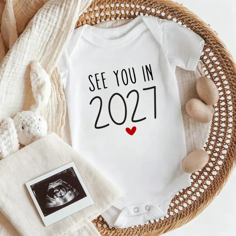 See You In 2027 Baby Announcement Onesie Neutral White Cotton Bodysuit Pregnancy Reveal Photo Prop Newborn Baby Gift
