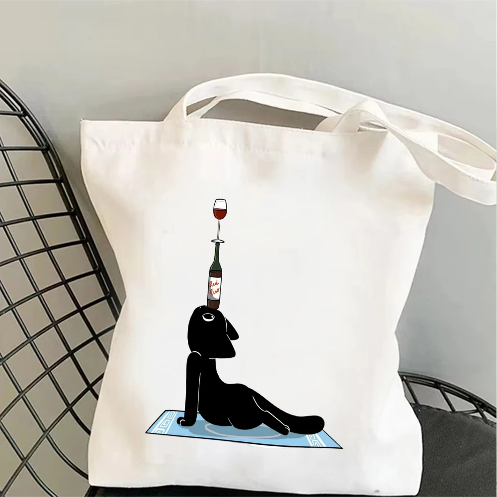 Funny Yoga Black Cat With Red Wine Canvas Tote Bag for Daily Shopping,Commute,Travel,school,Picnics,and Parties.Yoga bag
