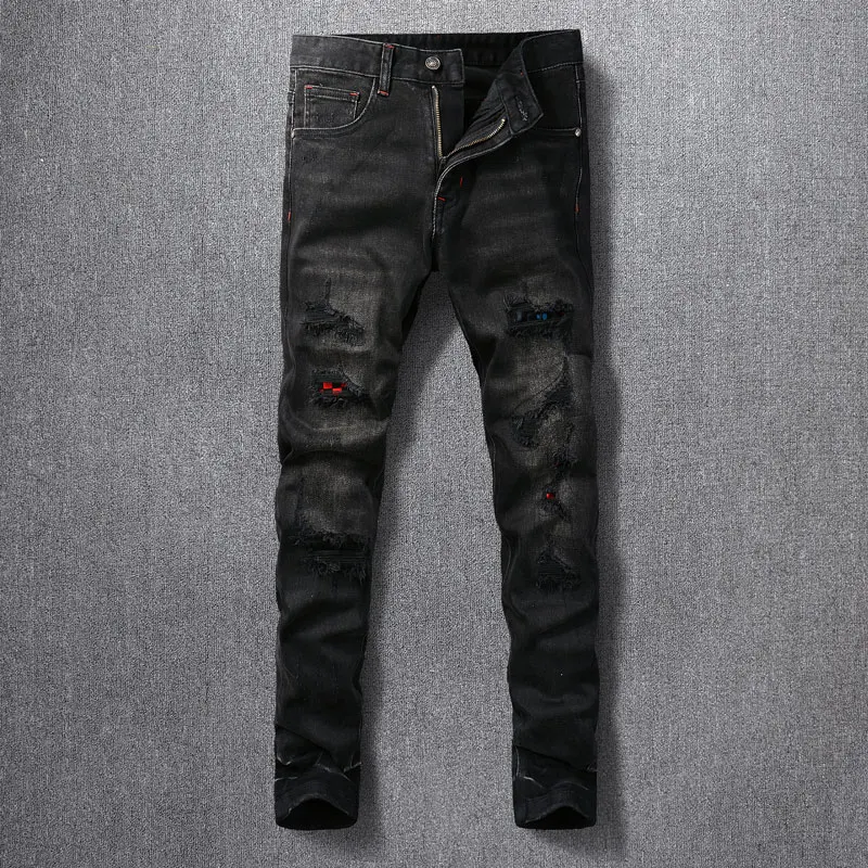 Jean Déchiré Slim Fit pour Homme, artificiel astique, Rétro, Noir, Gris, Rouge, Patché, Styliste, Pantalon Hip Hop, Zones, Mode de Rue