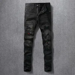 Street Fashion Men Jeans Retro Black Gray Elastic Stretch Slim Fit Ripped Jeans Men Red Patched Designer Hip Hop Pants Hombre