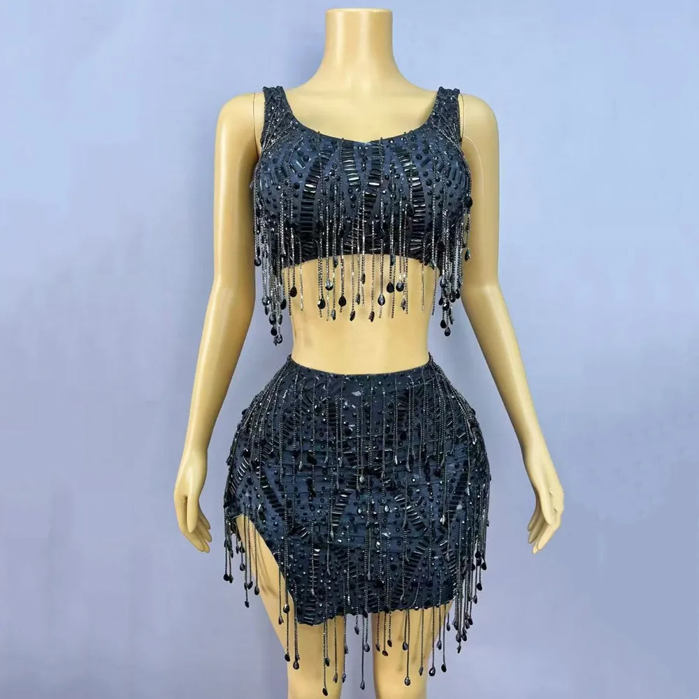 Luxury Rhinestones Chains Crops Tops Mini Skirt Set Women Celebrity Birthday 2 Piece Outfit Bar Singer Stage Performance Costume