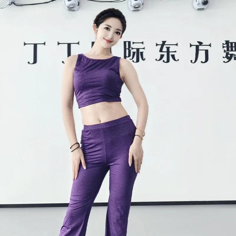 Roupa de prática de dança do ventre swegal personalizada, roxo profundo, colete com padrão escuro, saia enrolada, calças compridas, 3 peças