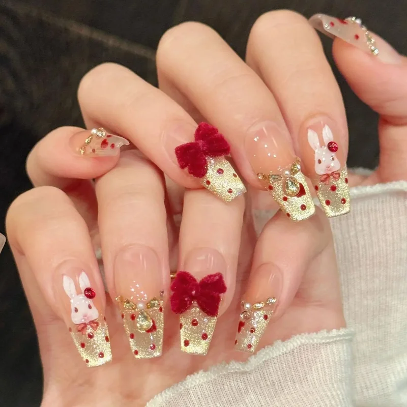 

Easter cute rabbit Press On Nails French Cat Eye Fake With Velvet Bowknot Decor Light Luxury Sparkling False Nail Tip Sweet