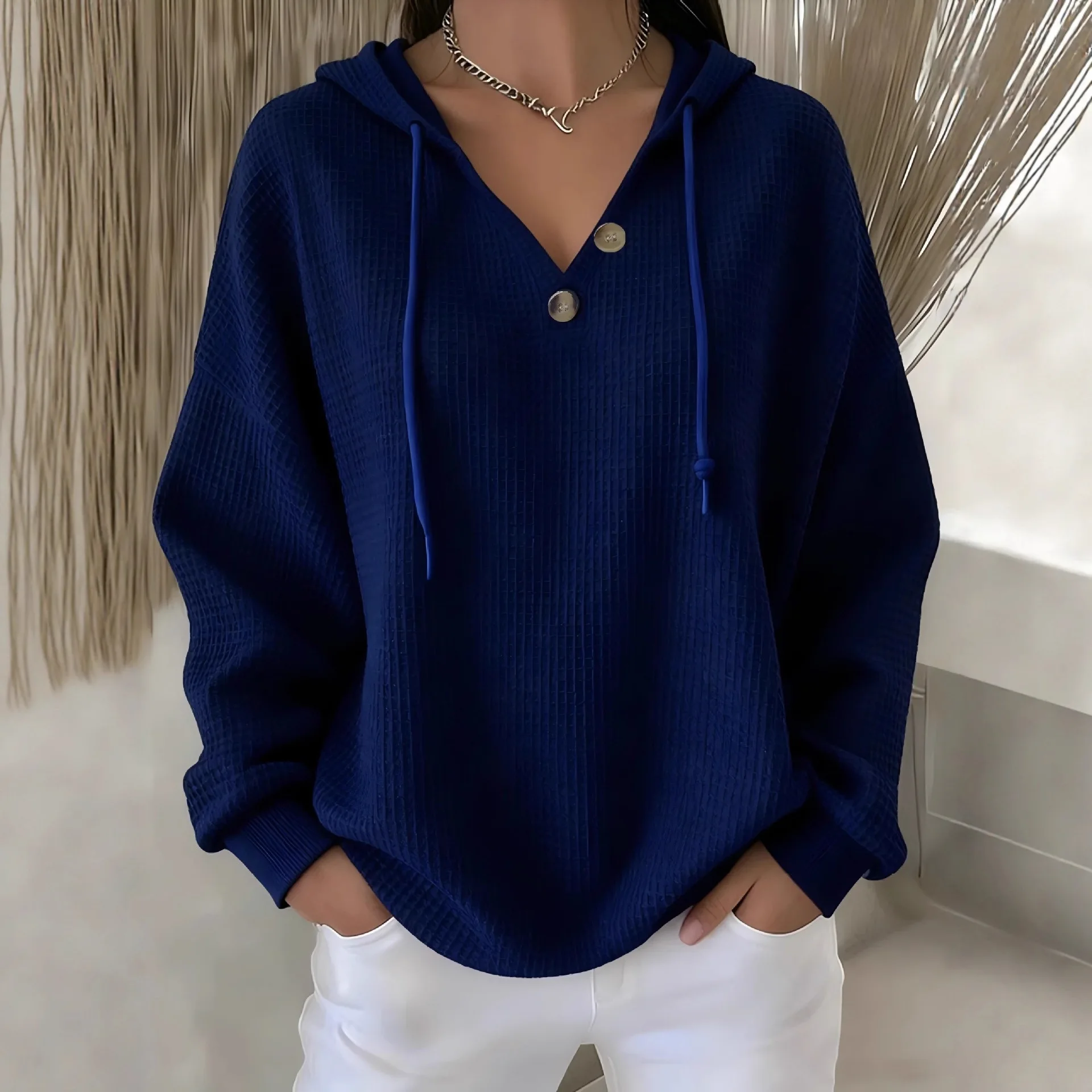 Felpa con cappuccio abbottonata con scollo a V in waffle tinta unita da donna europea americana autunno inverno 2025