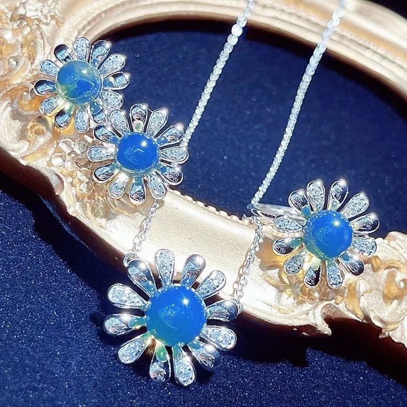 Exquisite S925 Sterling Silver Daisy Blue Amber Jewelry Set (6-7-8mm) - Necklace, Earrings & Ring, Minimalist Elegance