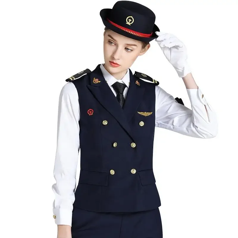 Chinese Luxury Bus High-Speed Railway Office Vest Formal Double Breasted Vest Business Ladies Waistcoat Blouse Pants Suit Women