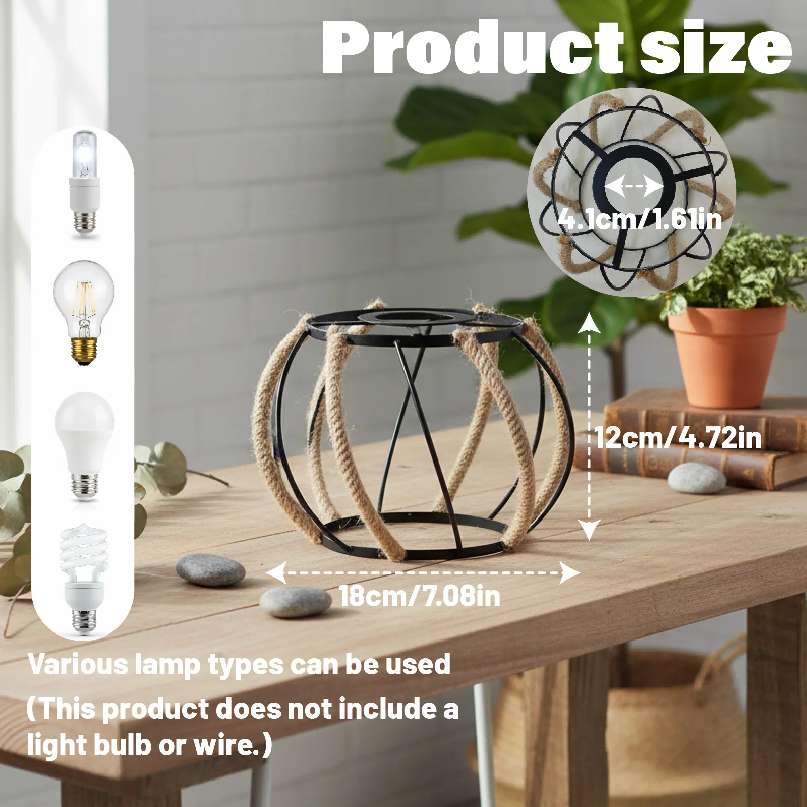 Round Ball Hemp Rope Wrought Iron Cage Lampshade, Vintage Industrial Replacement Light Cover for Pendant Light, Lampshade Only
