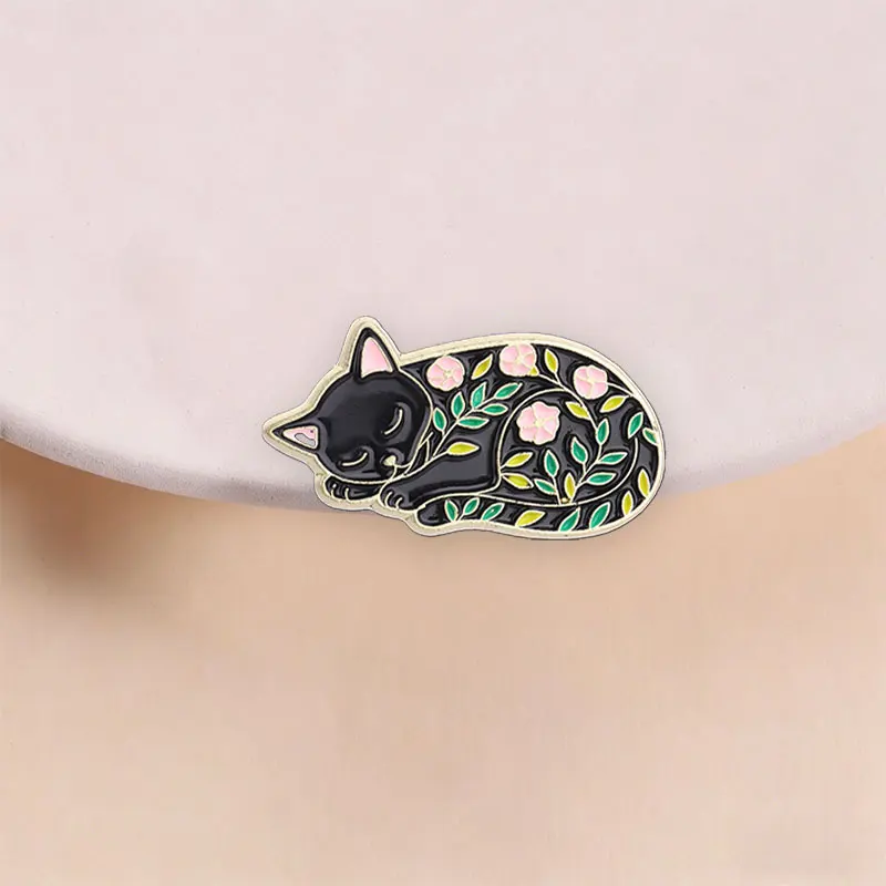 Floral Sleeping Black Cat Enamel Pin Vintage Botanical Motif with Gold Trim for Dark Mori Kei and Goth Lovers Daily Wear