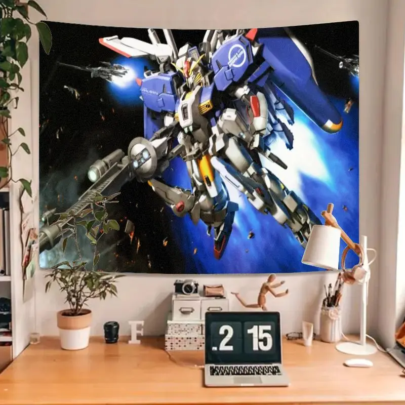 1PC Blue White Mecha Robot Gundam Space Theme Tapestry, Detailed Dynamic Scene with Light Effects, Wooden Desk Background Wall A
