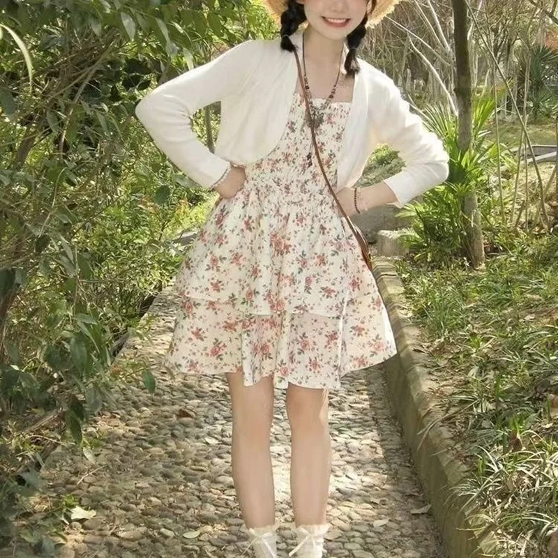 Sweet And Spicy Floral Print Halter Dress Summer Gentle Elegant Beautiful Puffy Skirt Small Size Women's Cakewalk Skirt