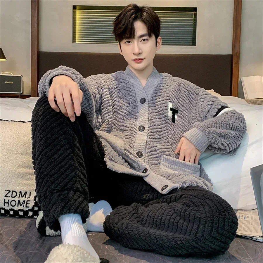 Men\'s Winter Warm Coral Fleece Pajamas Set Fluffy Coat + Long Pants Male Sleepwear for Sleeping 2 Pieces Home Wear Loungewear