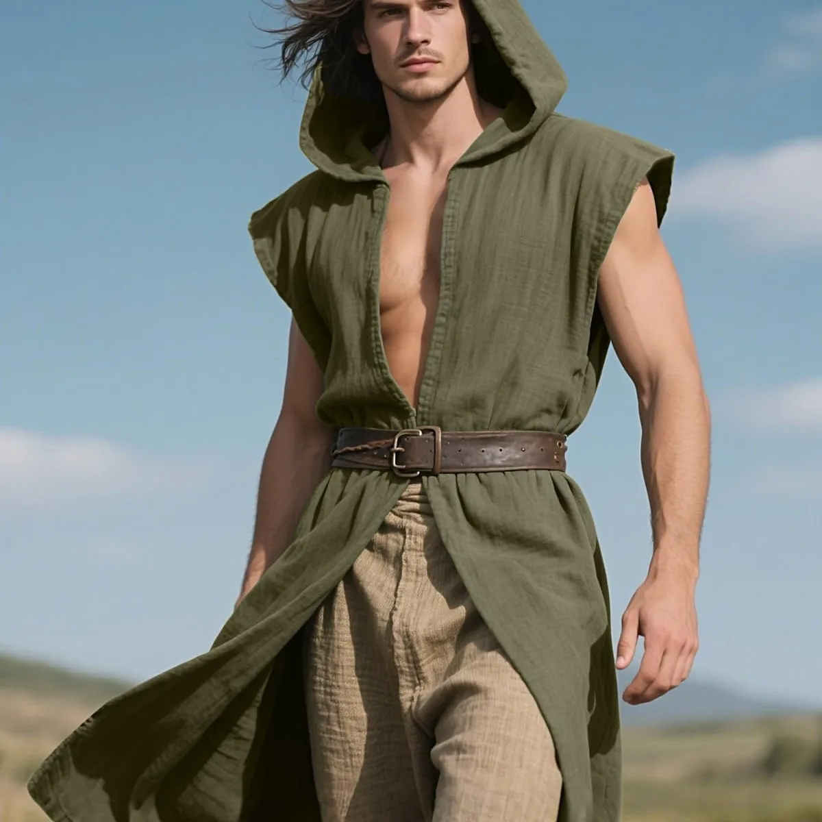 Men's Medieval Hooded Surcoat Renaissance Tabard Sleeveless Tunic Cloak Viking Costume Holloween Assassin Cosplay view 3