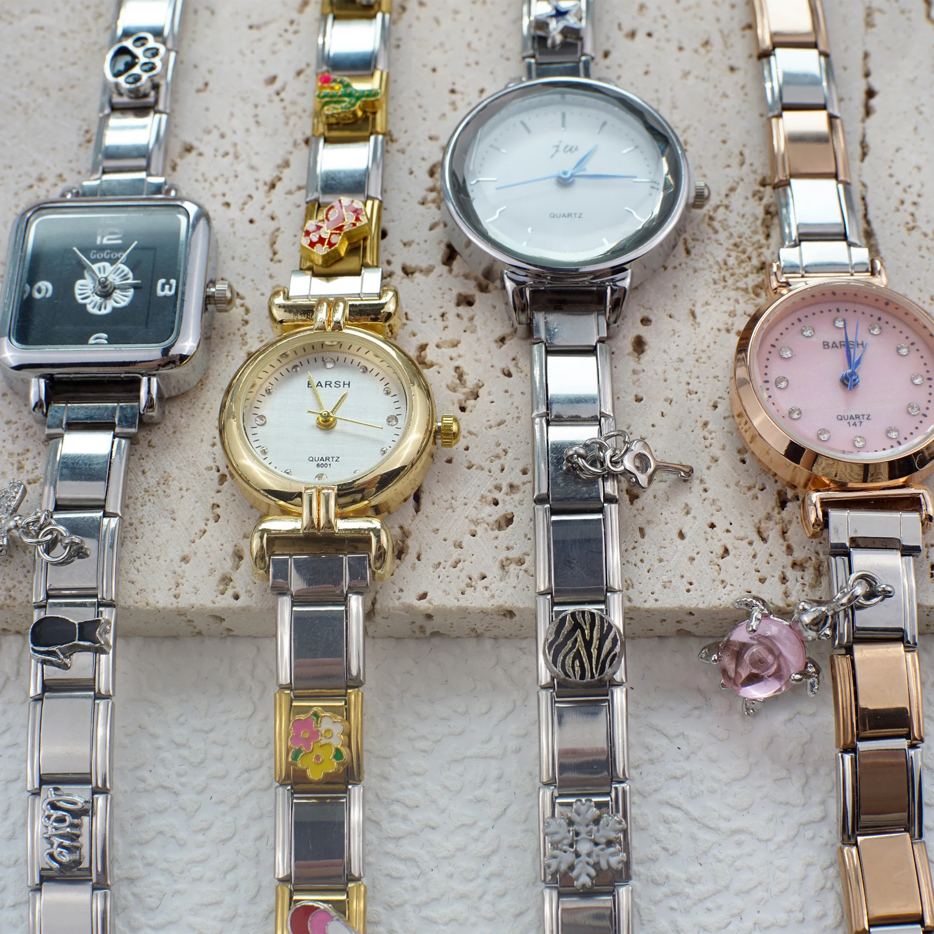 Women Italian Bracelet Quartz Watch Custom DIY Removable Enamel Cartoon Charms Stainless Steel Link Fashion Dress Jewelry Gift