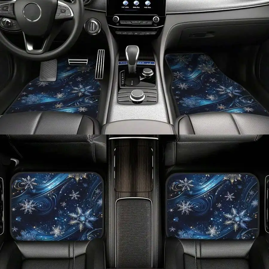 

4pcs Blue Snowflake Pattern Car Floor Mats Universal Fit Stain Resistant Anti Slip Easy Clean
