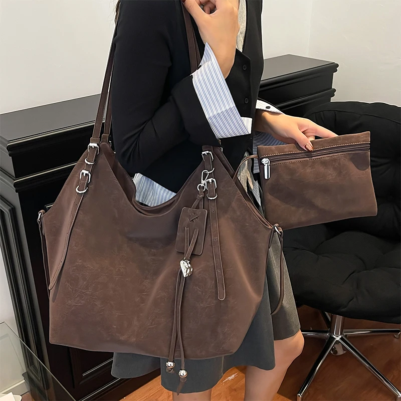 

Retro Leopard Print Tote Fashion Solid Color Versatile Bag Large-capacity Suede Commute Magnetic Closure Adjustable Shoulder Bag