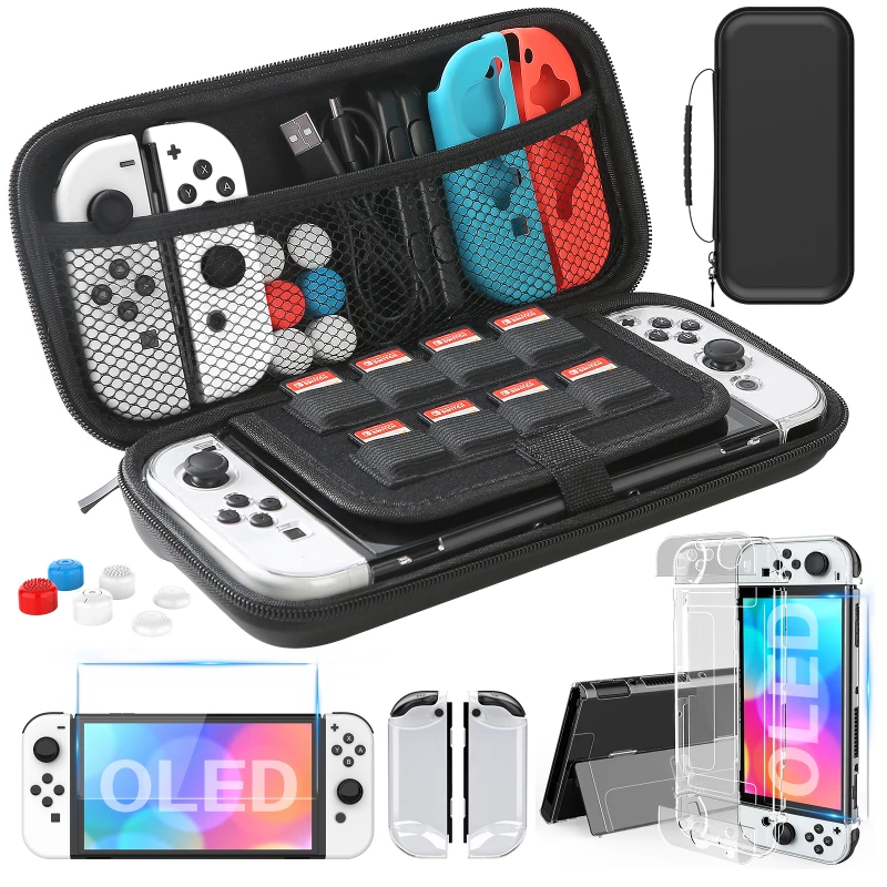 Suitable for the 2022 Nintendo Switch OLED model with protective case, Switch OLED model suitcase 9-in-1 accessory kit