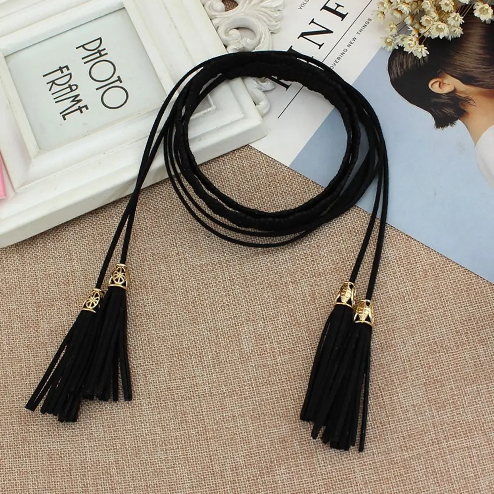 Personality PU Leather Hollow Bohemian Thin Belts DIY Women Waist Chain Waist Rope Ethnic Style Belts Braided Tassel Belt