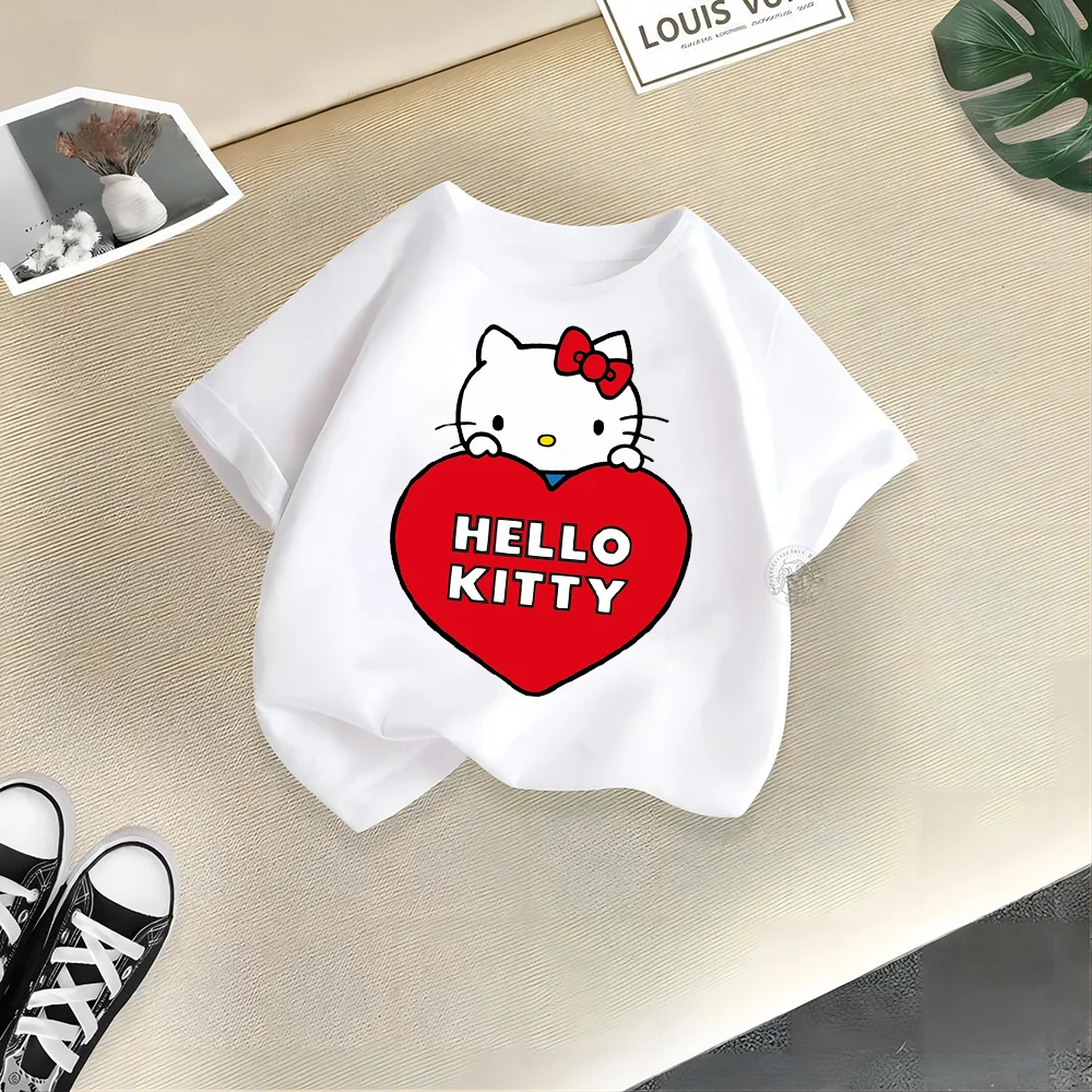 Cartoon Hello Kitty Kids Short Sleeve T-shirt Summer Anime Sanrio Boys Girls Toddler T-shirt Pure cotton crewneck casual top