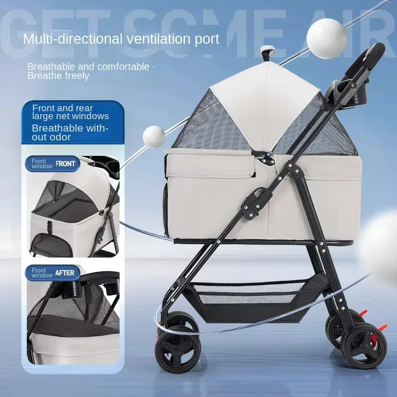 Dual-Side Zippered Doors Ultra-Breathable Mesh Panels One-hand Folding Detachable Pet Carrier Pet Stroller for Dogs and Cats