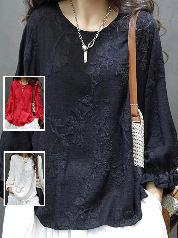 

Embroidered Cotton Linen T-irt Large Size Women's Casual Nine-Quarter Sve round Ne Conceal Meat Anti-Aging Top