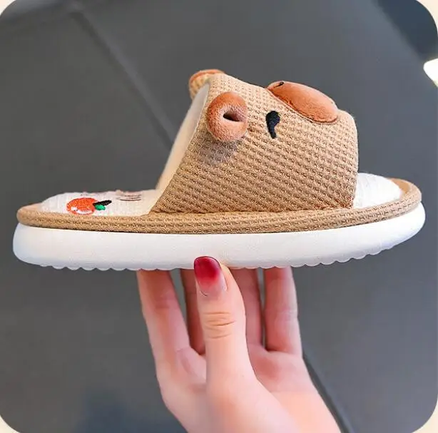 Capybara Kinder-Leinenhausschuhe Frühling Herbst Rutschfeste Weiche Sohle für Jungen Mädchen Eltern-Kind Hausschuhe Damen Bodenschuhe – Detail 5