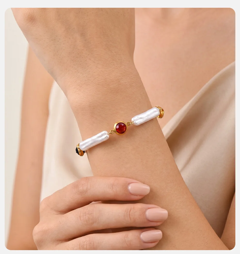 Vnox Exquisites Edelstahl-Imitationsperlen-Armband für Damen, Einzigartiges Design, 18K Vergoldet, Buntes Zirkonia-Armband – Detail 2