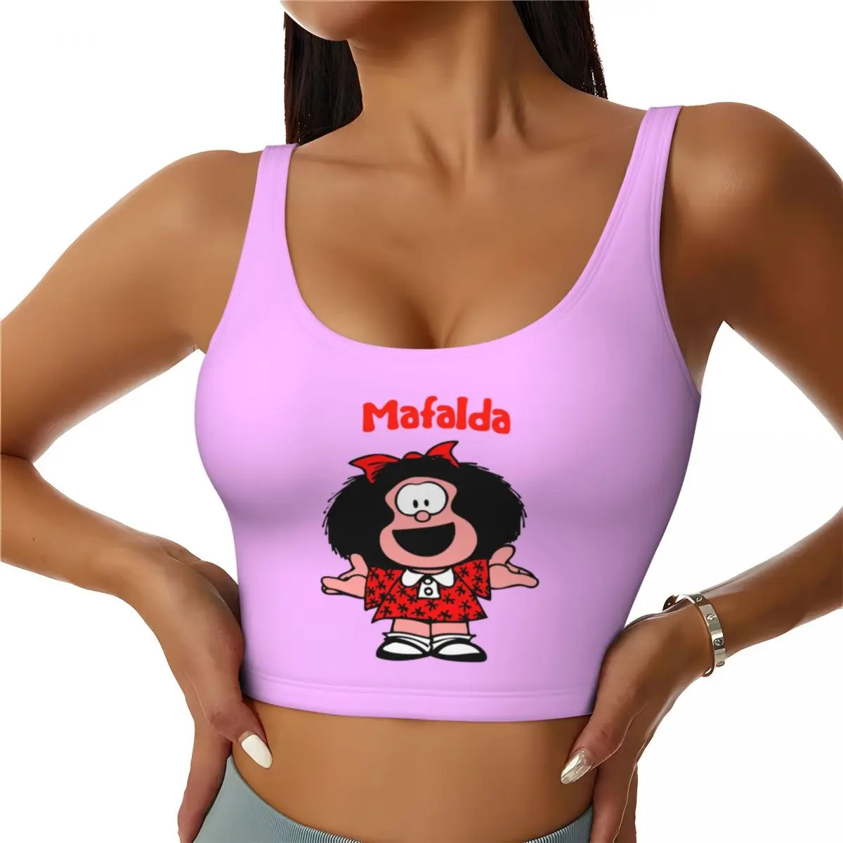 Custom High Impact Classic Comic Mafalda Sports Bra Women Quino Cartoon Gym Workout Yoga Crop Top